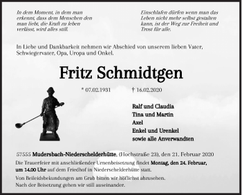 Traueranzeige von Fritz Schmidtgen von Siegener Zeitung