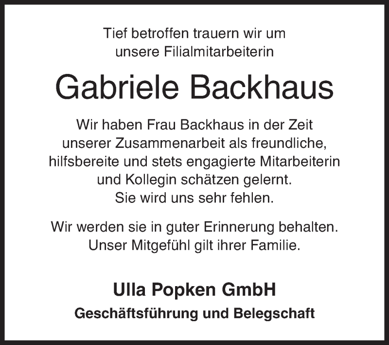  Traueranzeige für Gabriele Backhaus vom 22.02.2020 aus Siegener Zeitung