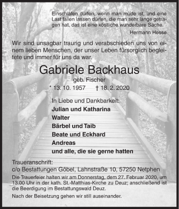 Traueranzeige von Gabriele Backhaus von Siegener Zeitung