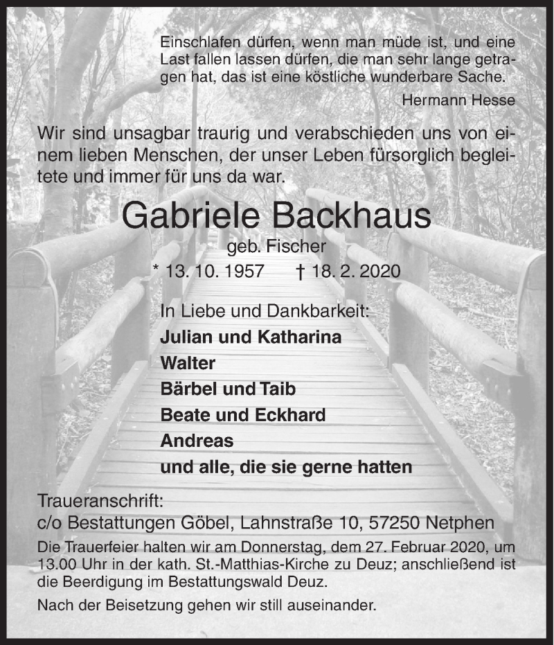  Traueranzeige für Gabriele Backhaus vom 21.02.2020 aus Siegener Zeitung