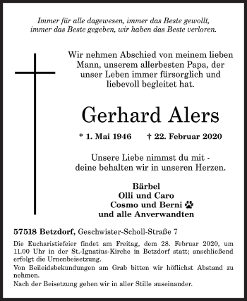 Traueranzeige von Gerhard Alers von Siegener Zeitung