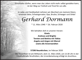 Traueranzeige von Gerhard Dormann von Siegener Zeitung