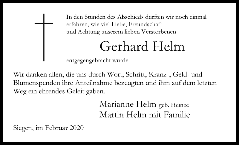  Traueranzeige für Gerhard Helm vom 01.02.2020 aus Siegener Zeitung