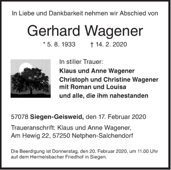 Traueranzeige von Gerhard Wagener von Siegener Zeitung