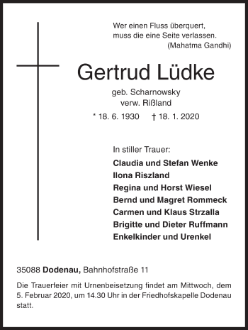 Traueranzeige von Gertrud Lüdke von Siegener Zeitung