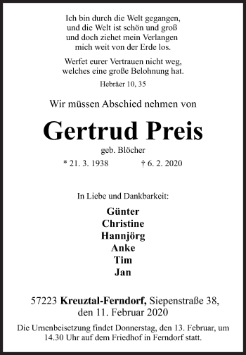 Traueranzeige von Gertrud Preis von Siegener Zeitung