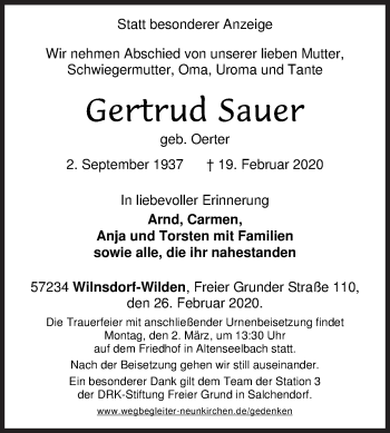 Traueranzeige von Gertrud Sauer von Siegener Zeitung