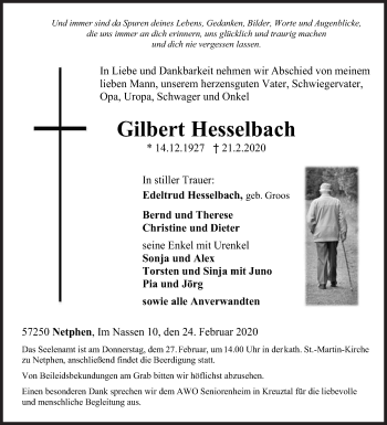 Traueranzeige von Gilbert Hesselbach von Siegener Zeitung