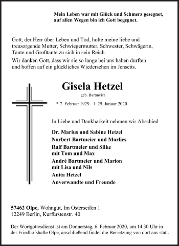 Traueranzeige von Gisela Hetzel von Siegener Zeitung
