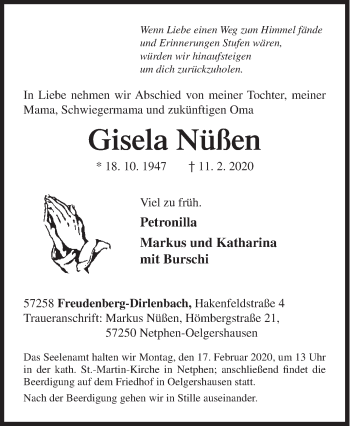 Traueranzeige von Gisela Nüßen von Siegener Zeitung