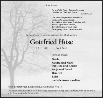 Traueranzeige von Gottfried Höse von Siegener Zeitung