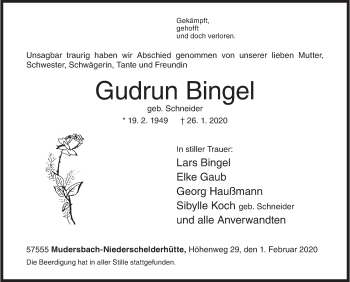 Traueranzeige von Gudrun Bingel von Siegener Zeitung