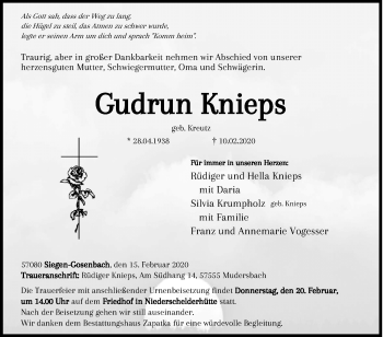 Traueranzeige von Gudrun Knieps von Siegener Zeitung