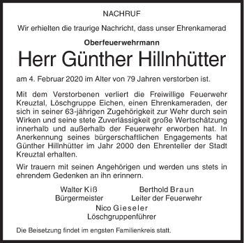 Traueranzeige von Günther Hillnhütter von Siegener Zeitung