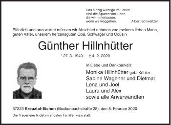 Traueranzeige von Günther Hillnhütter von Siegener Zeitung