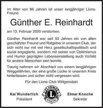 Traueranzeige von Günther E. Reinhardt von Siegener Zeitung