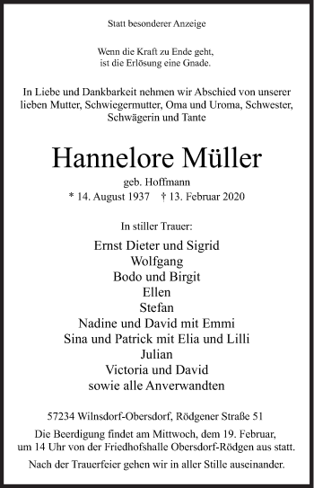 Traueranzeige von Hannelore Müller von Siegener Zeitung