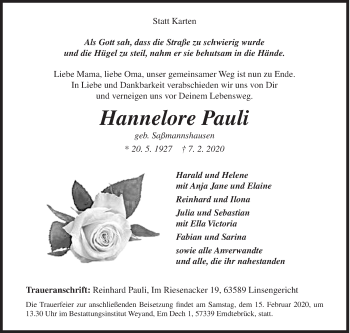Traueranzeige von Hannelore Pauli von Siegener Zeitung