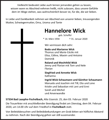 Traueranzeige von Hannelore Wick von Siegener Zeitung