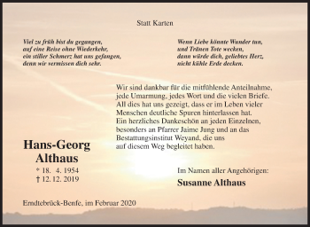 Traueranzeige von Hans-Georg Althaus von Siegener Zeitung