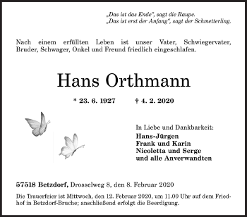 Traueranzeige von Hans Orthmann von Siegener Zeitung