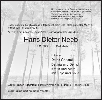 Traueranzeige von Hans Dieter Neeb von Siegener Zeitung
