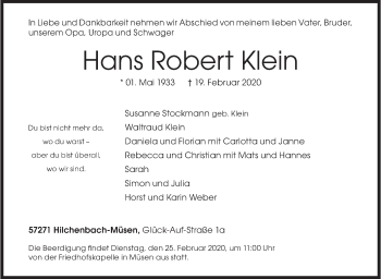 Traueranzeige von Hans Robert Klein von Siegener Zeitung