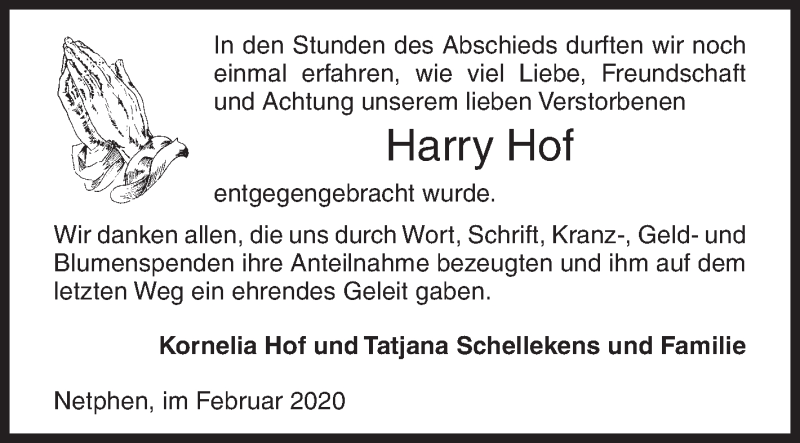  Traueranzeige für Harry Hof vom 22.02.2020 aus Siegener Zeitung
