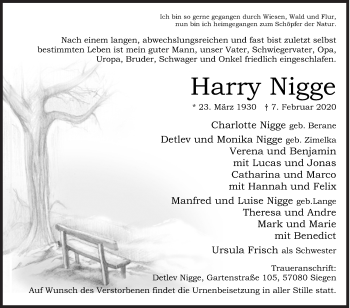 Traueranzeige von Harry Nigge von Siegener Zeitung