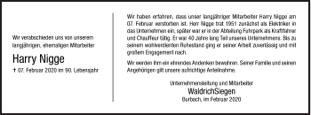 Traueranzeige von Harry Nigge von Siegener Zeitung