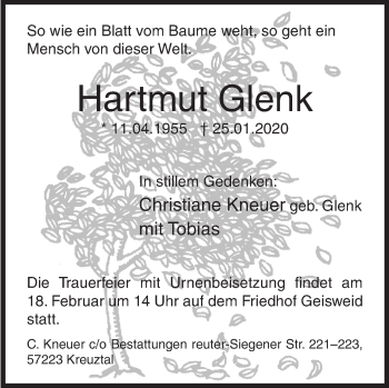 Traueranzeige von Hartmut Glenk von Siegener Zeitung