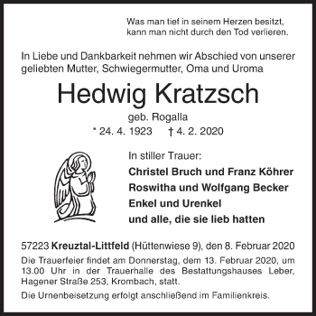 Traueranzeige von Hedwig Kratzsch von Siegener Zeitung