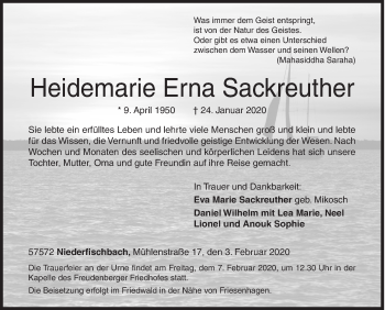 Traueranzeige von Heidemarie Erna Sackreuther von Siegener Zeitung
