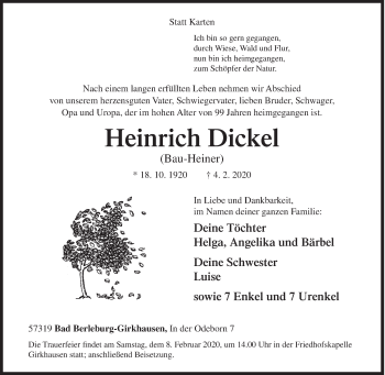 Traueranzeige von Heinrich Dickel von Siegener Zeitung