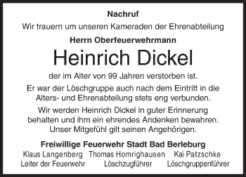 Traueranzeige von Heinrich Dickel von Siegener Zeitung