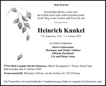 Traueranzeige von Heinrich Kunkel von Siegener Zeitung