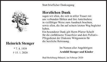 Traueranzeige von Heinrich Stenger von Siegener Zeitung