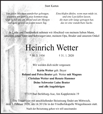 Traueranzeige von Heinrich Wetter von Siegener Zeitung