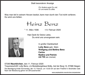 Traueranzeige von Heinz Benz von Siegener Zeitung