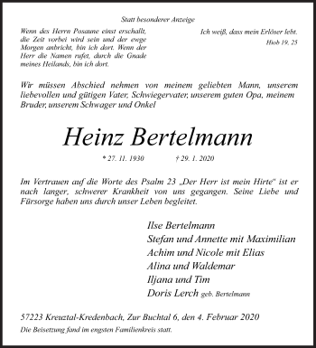 Traueranzeige von Heinz Bertelmann von Siegener Zeitung