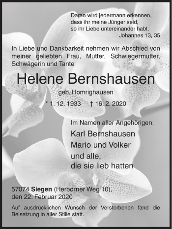 Traueranzeige von Helene Bernshausen von Siegener Zeitung