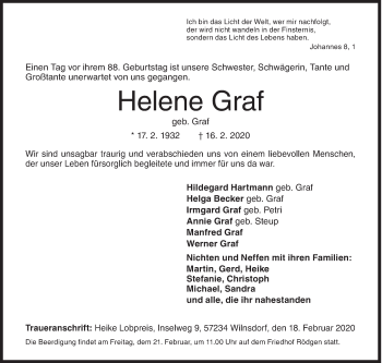 Traueranzeige von Helene Graf von Siegener Zeitung