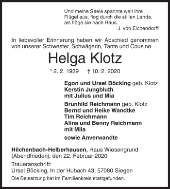 Traueranzeige von Helga Klotz von Siegener Zeitung