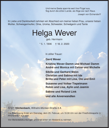Traueranzeige von Helga Wever von Siegener Zeitung