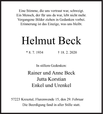 Traueranzeige von Helmut Beck von Siegener Zeitung