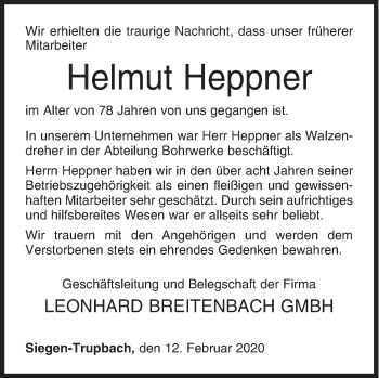 Traueranzeige von Helmut Heppner von Siegener Zeitung