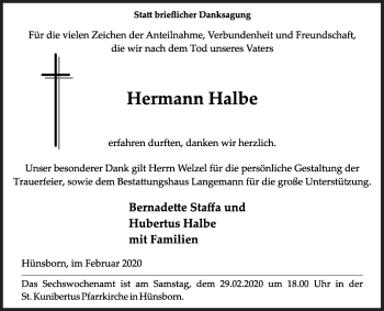 Traueranzeige von Hermann Halbe von Siegener Zeitung