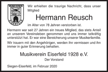 Traueranzeige von Hermann Reusch von Siegener Zeitung