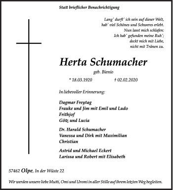 Traueranzeige von Herta Schumacher von Siegener Zeitung