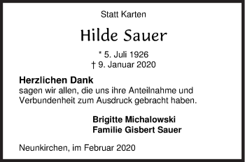 Traueranzeige von Hilde Sauer von Siegener Zeitung